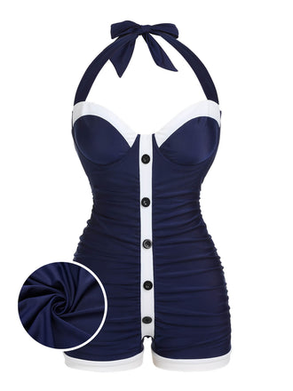 Costumi intero a pieghe scollo all'americana blu navy anni '50