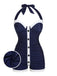 Costumi intero a pieghe scollo all'americana blu navy anni '50