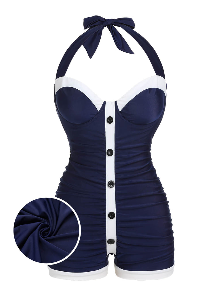 Costumi intero a pieghe scollo all'americana blu navy anni '50