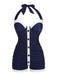 Costumi intero a pieghe scollo all'americana blu navy anni '50