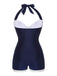 Costumi intero a pieghe scollo all'americana blu navy anni '50
