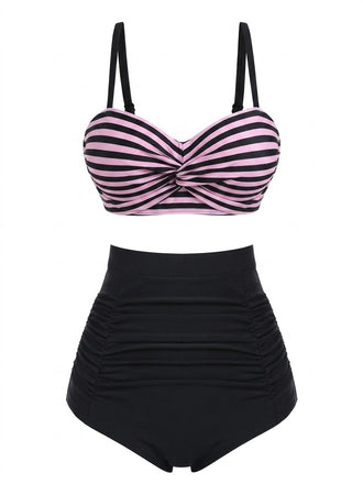 2PCS Set bikini con spalline a righe rosa anni '50