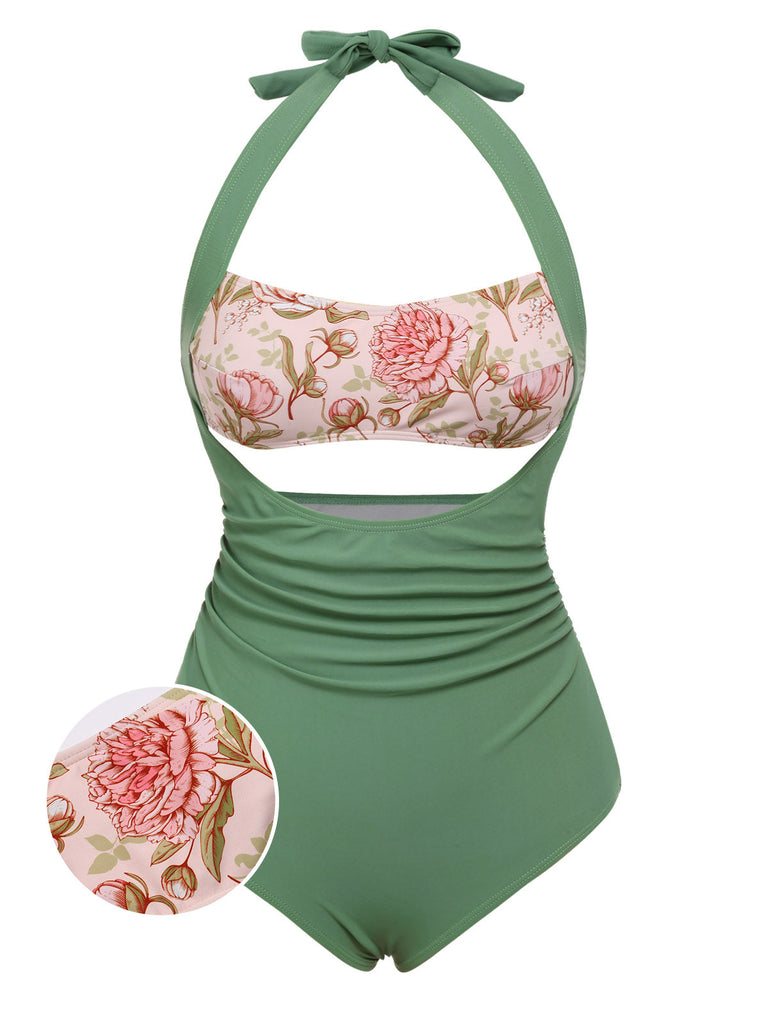 Costumi intero scollo all'americana stampa peonia verde anni '30