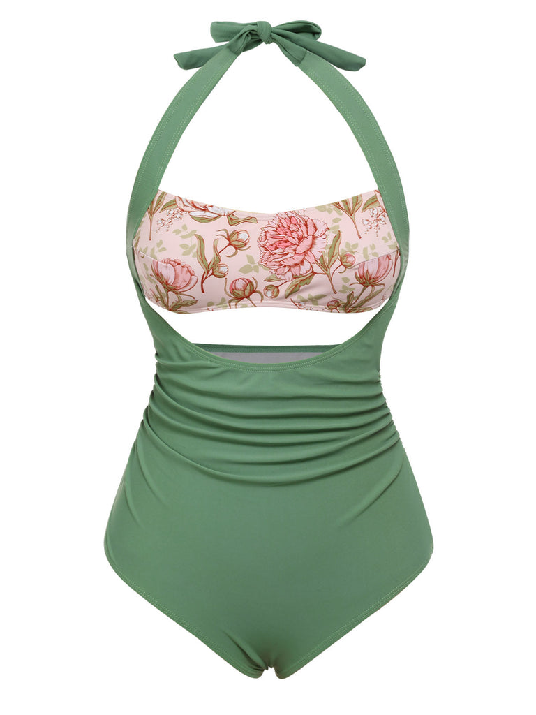 Costumi intero scollo all'americana stampa peonia verde anni '30