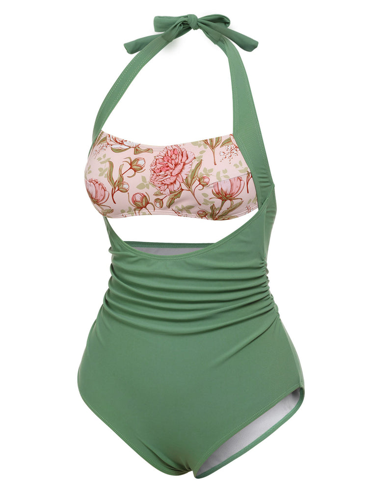 Costumi intero scollo all'americana stampa peonia verde anni '30