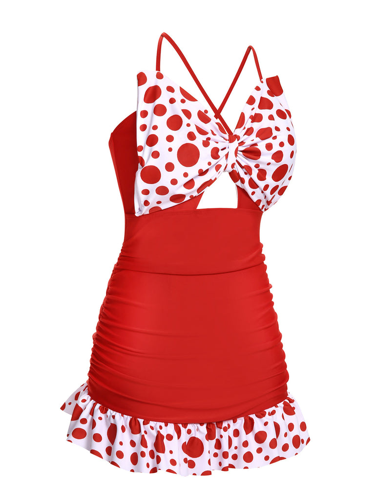 Costumi intero a pois fiocco patchwork rosso anni '30