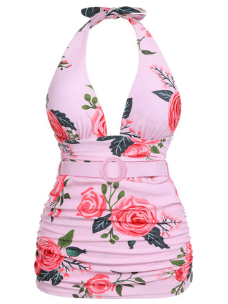 [Taglia Forti] Costume da bagno rosa scollo V lacci anni '30