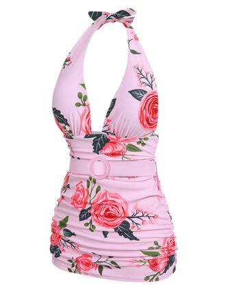 [Taglia Forti] Costume da bagno rosa scollo V lacci anni '30