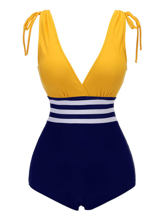 Costume da bagno intero lacci a righe gialle e blu anni '50