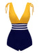 Costume da bagno intero lacci a righe gialle e blu anni '50