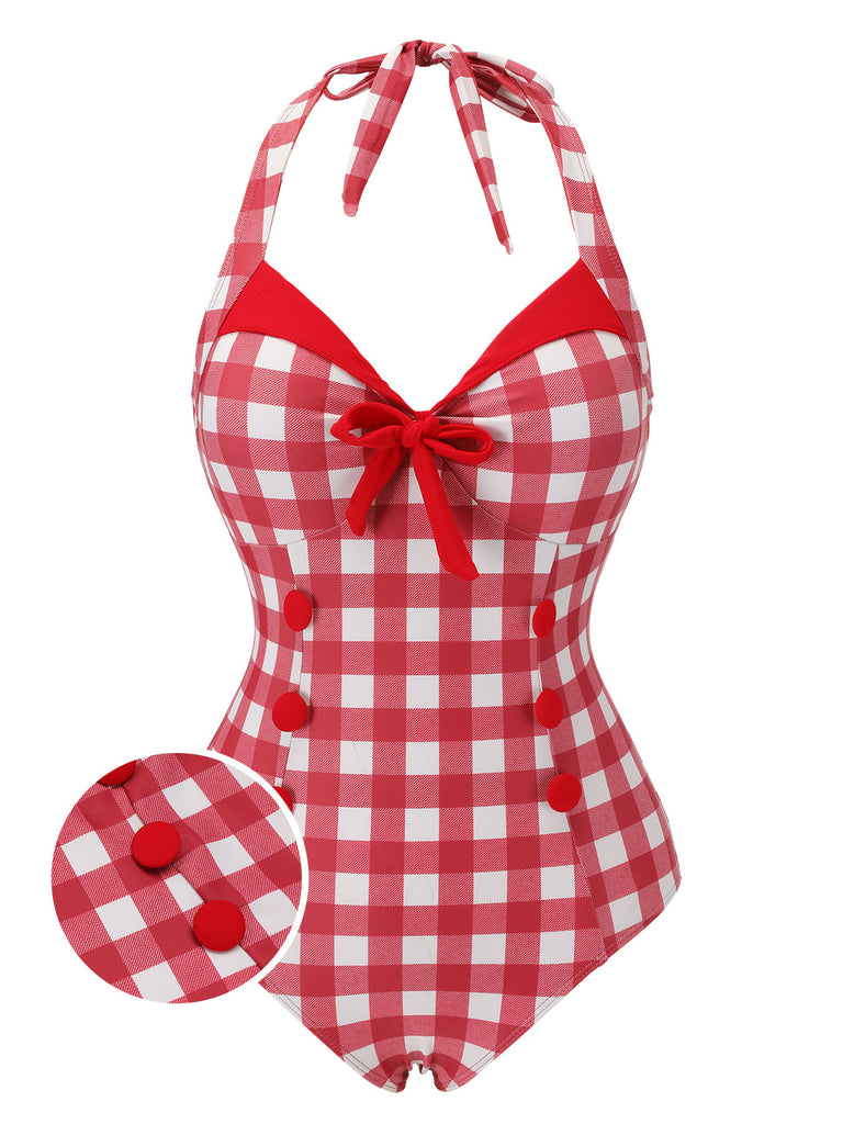 Costumi intero con plaid fiocco lacci rosso anni '50