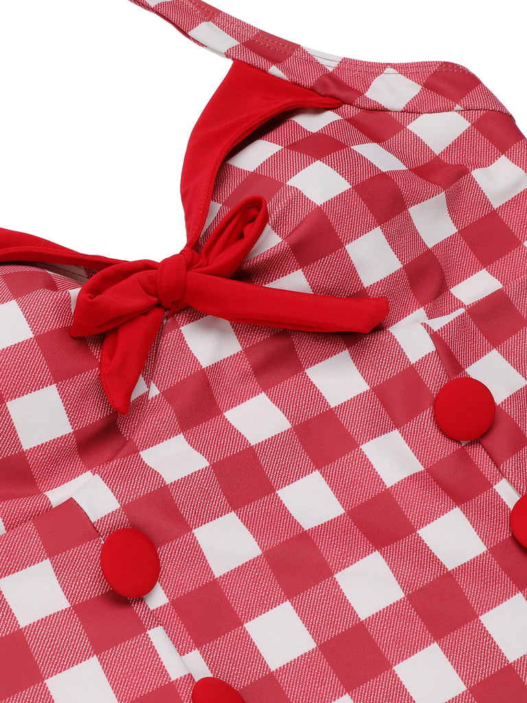 Costumi intero con plaid fiocco lacci rosso anni '50
