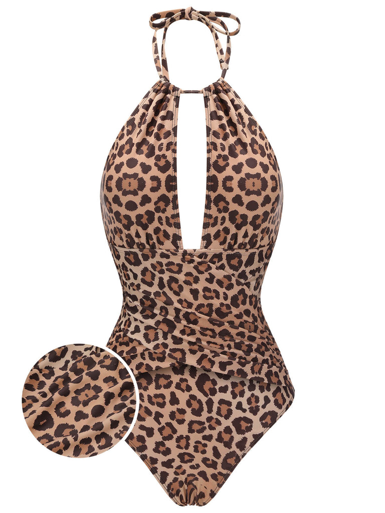 Costumi scollo a V e top a triangolo leopardato marrone anni '30