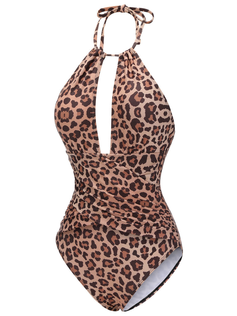 Costumi scollo a V e top a triangolo leopardato marrone anni '30