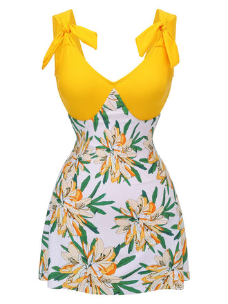 Costumi intero floreale fiocco patchwork giallo anni '40