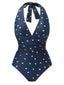 Costumi intero a pois scollo all'americana patchwork blu anni '60