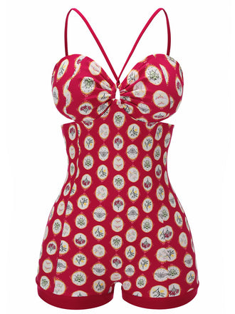 Costumi intero stampa floreale con spalline rosso anni '50