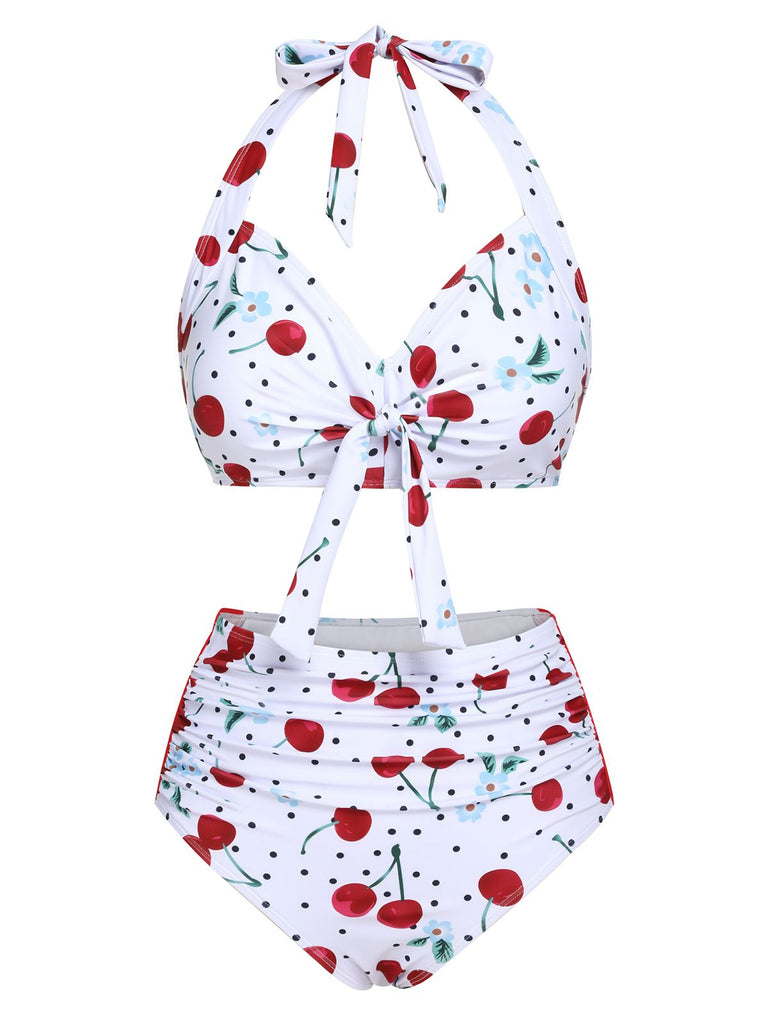Costume da bagno bianco ciliegia anni '50