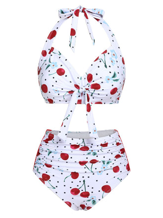 Costume da bagno bianco ciliegia anni '50