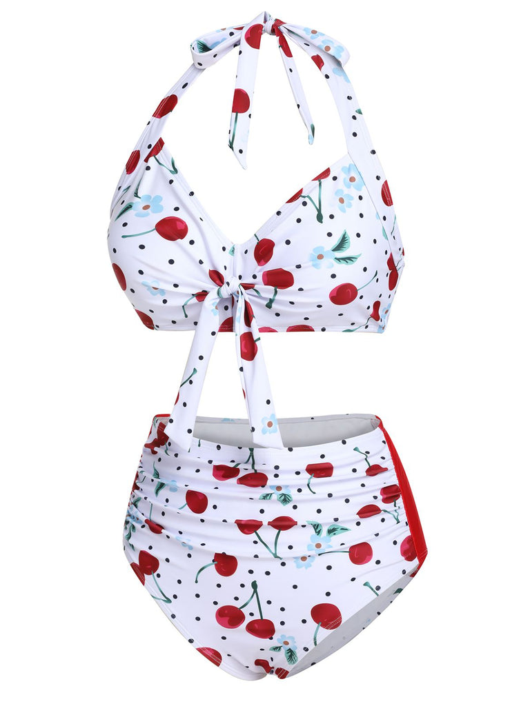Costume da bagno bianco ciliegia anni '50