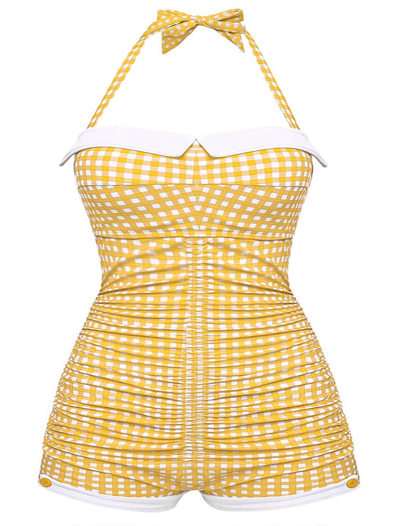 [Taglie Forti] Costume da bagno intero ferretto quadri giallo anni '50