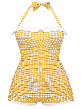 [Taglie Forti] Costume da bagno intero ferretto quadri giallo anni '50