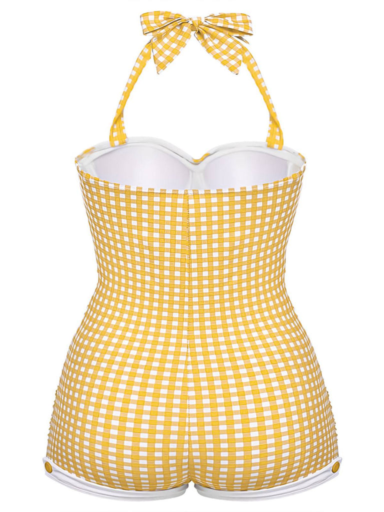 [Taglie Forti] Costume da bagno intero ferretto quadri giallo anni '50
