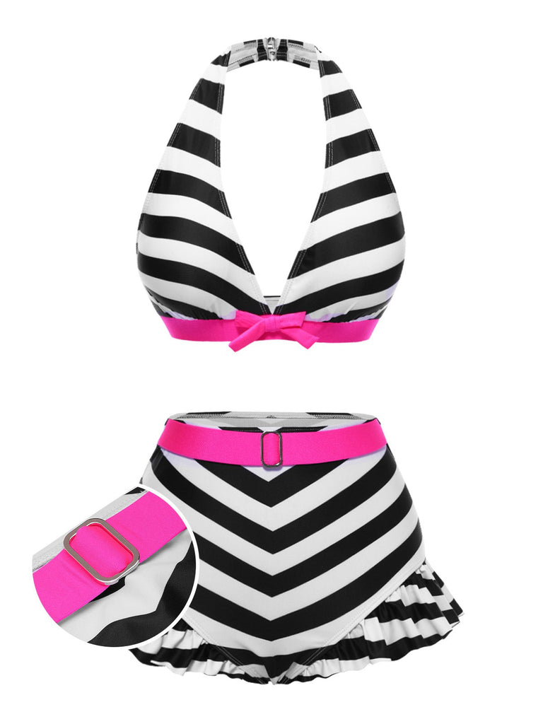 Bikini a contrasto fiocco volant a righe nere anni '50