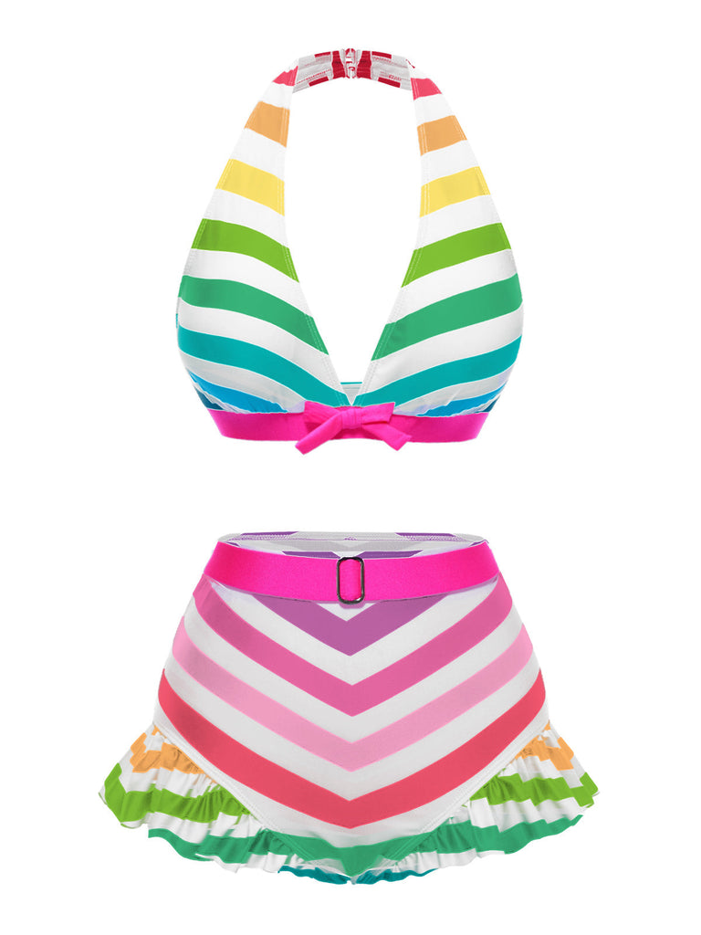 Bikini a contrasto fiocco volant a righe nere anni '50