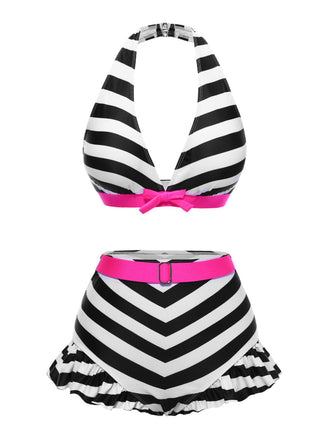 Bikini a contrasto fiocco volant a righe nere anni '50