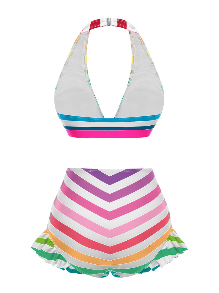 Bikini a contrasto fiocco volant a righe nere anni '50
