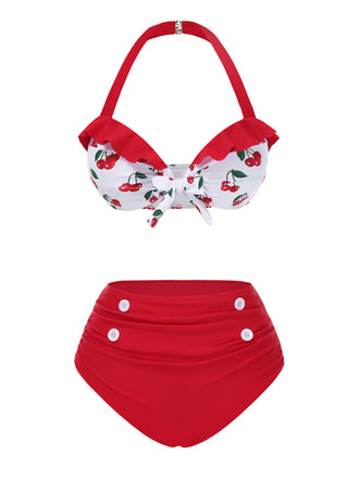 Bikini volant e scollo a V stile ciliegia rosso anni '50