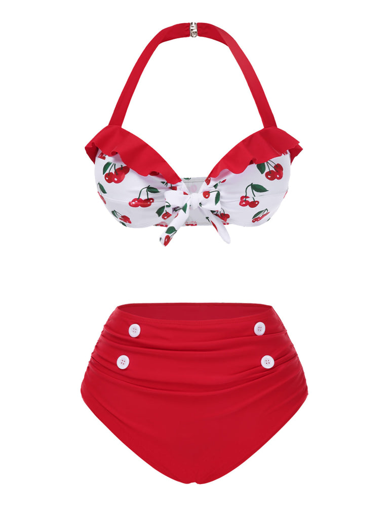 2PCS Bikini e copricostume cintura in vita rosso ciliegia anni '50