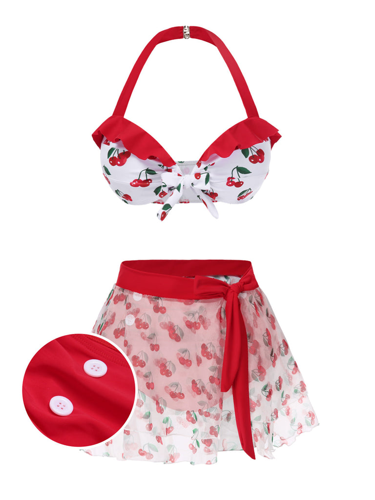 2PCS Bikini e copricostume cintura in vita rosso ciliegia anni '50