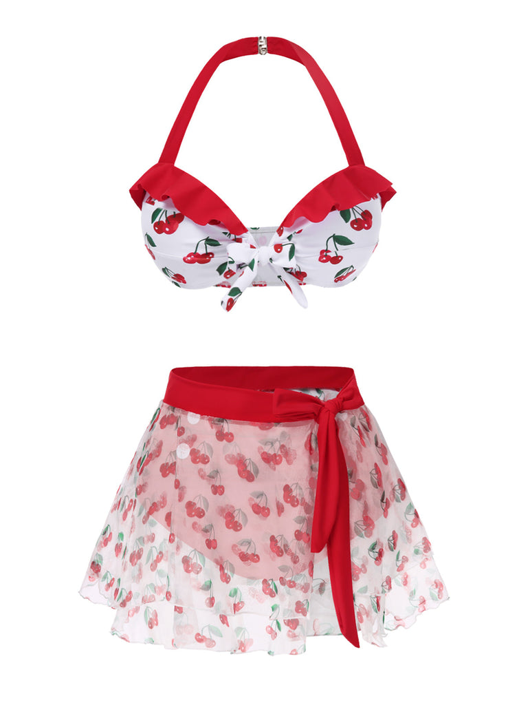 2PCS Bikini e copricostume cintura in vita rosso ciliegia anni '50