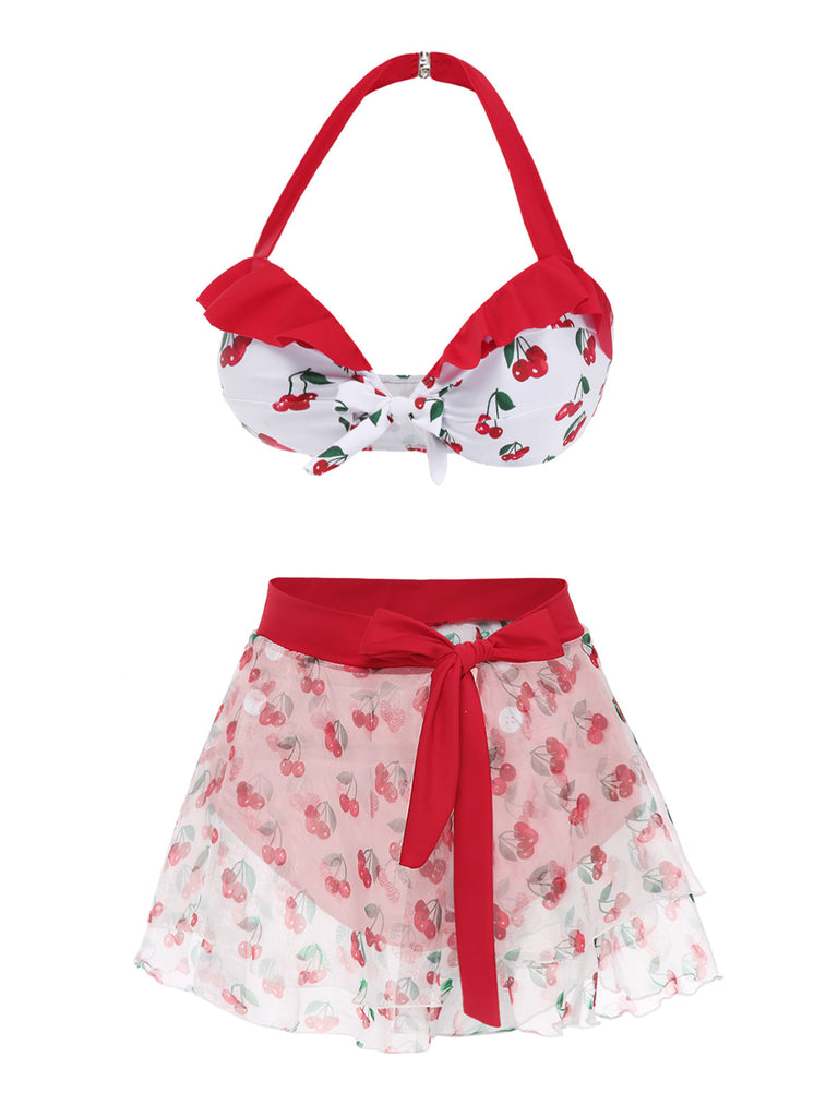 2PCS Bikini e copricostume cintura in vita rosso ciliegia anni '50