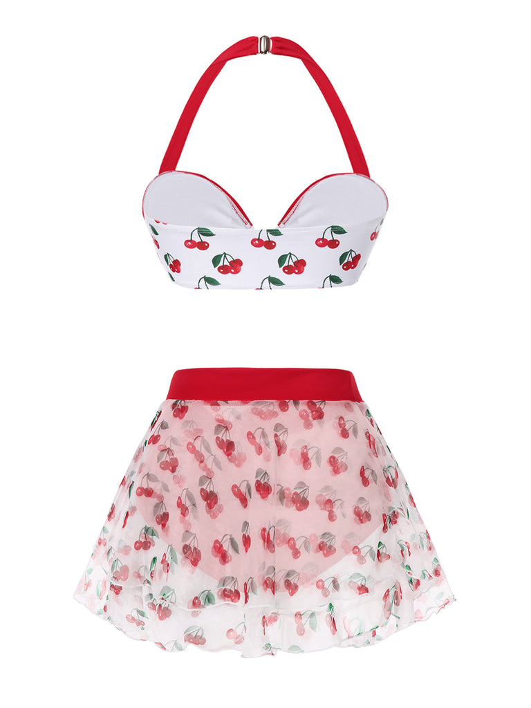 2PCS Bikini e copricostume cintura in vita rosso ciliegia anni '50
