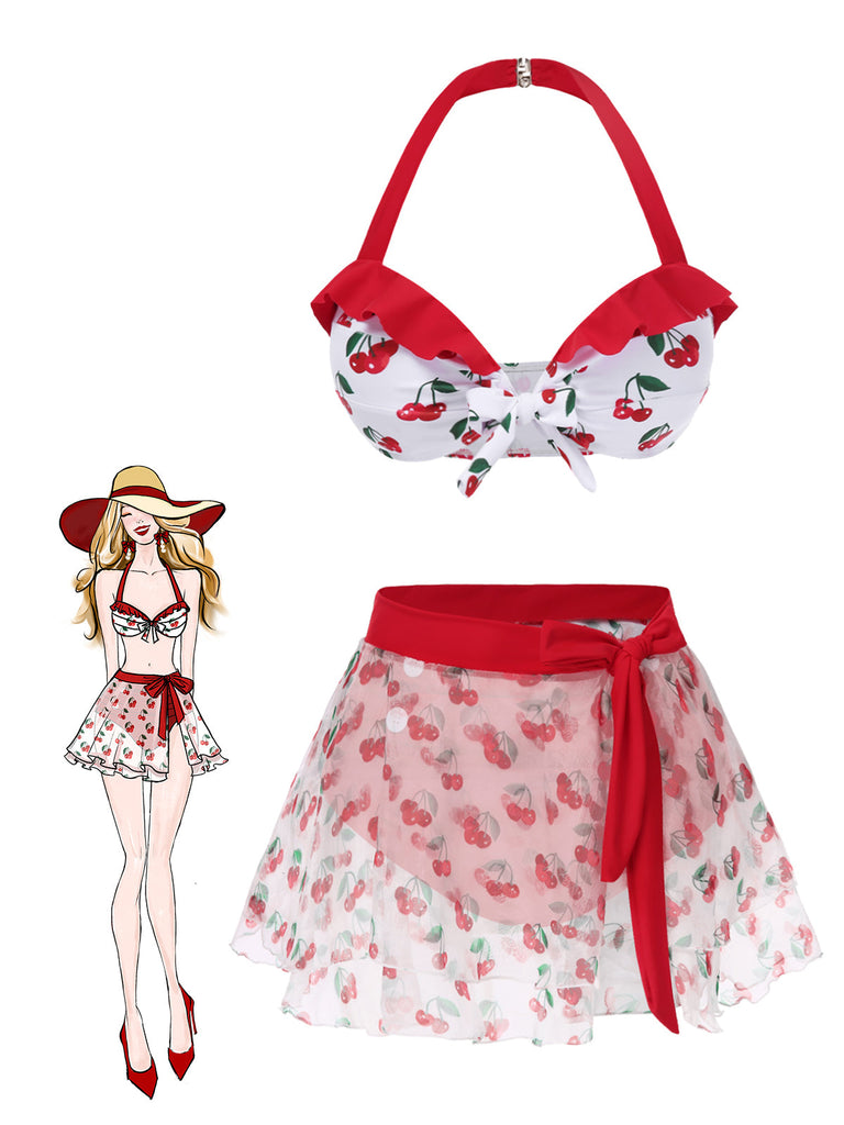 2PCS Bikini e copricostume cintura in vita rosso ciliegia anni '50
