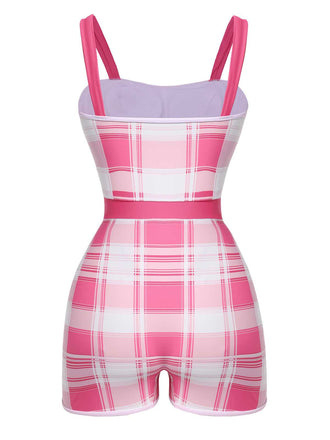 Costumi intero plaid con fiocco rosa anni '50