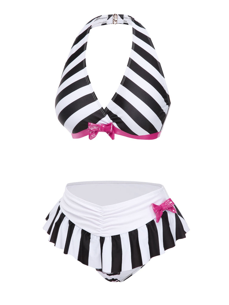 Set Bikini a righe scollo all'americana biancho e nero anni '50