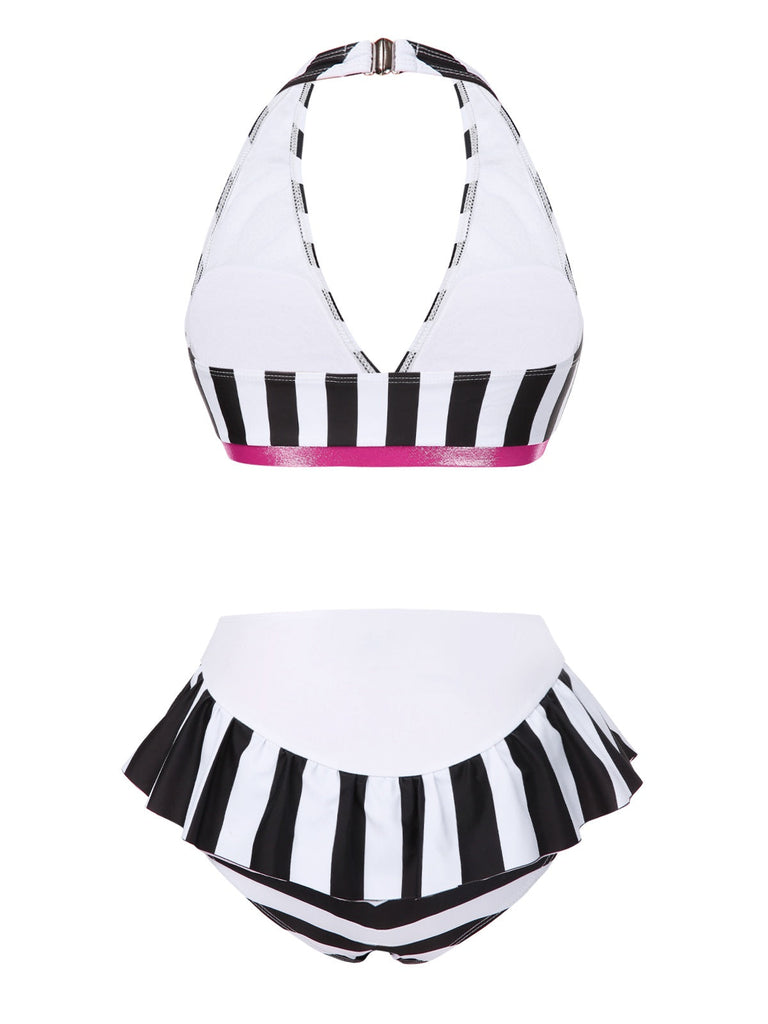 Set Bikini a righe scollo all'americana biancho e nero anni '50
