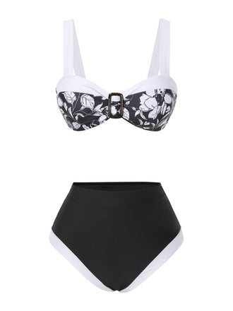 Set bikini silhouette floreale Hepburn nero anni '40