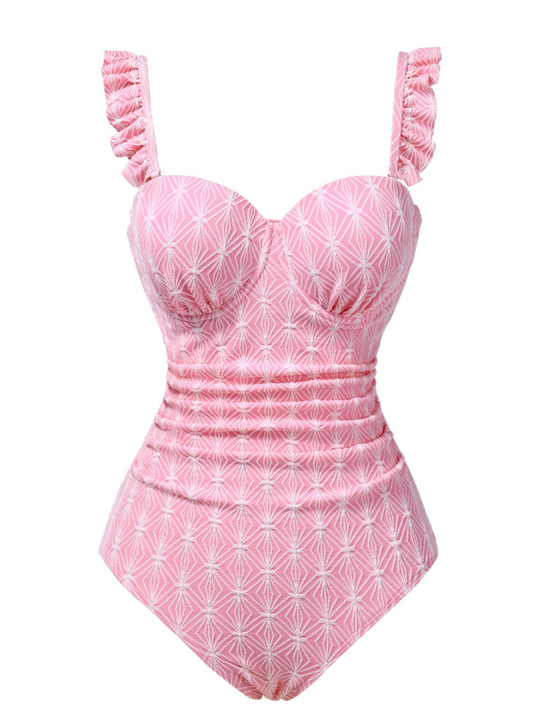 Costumi intero geometrici con volant rosa anni '50