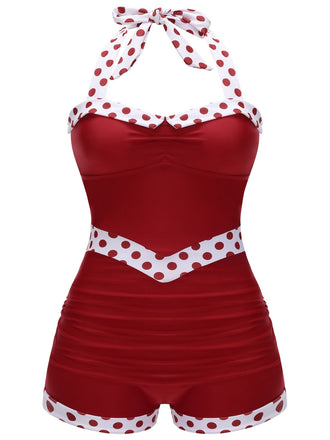 [Taglia Forti] Costume da bagno scollo all'americana pois rosso anni '40