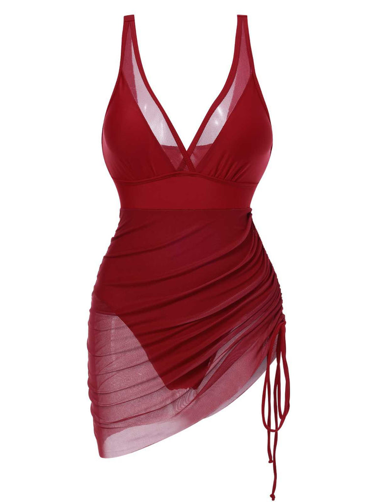 [Prevendita] Costumi intero in rete trasparente con spalline rosso anni '50