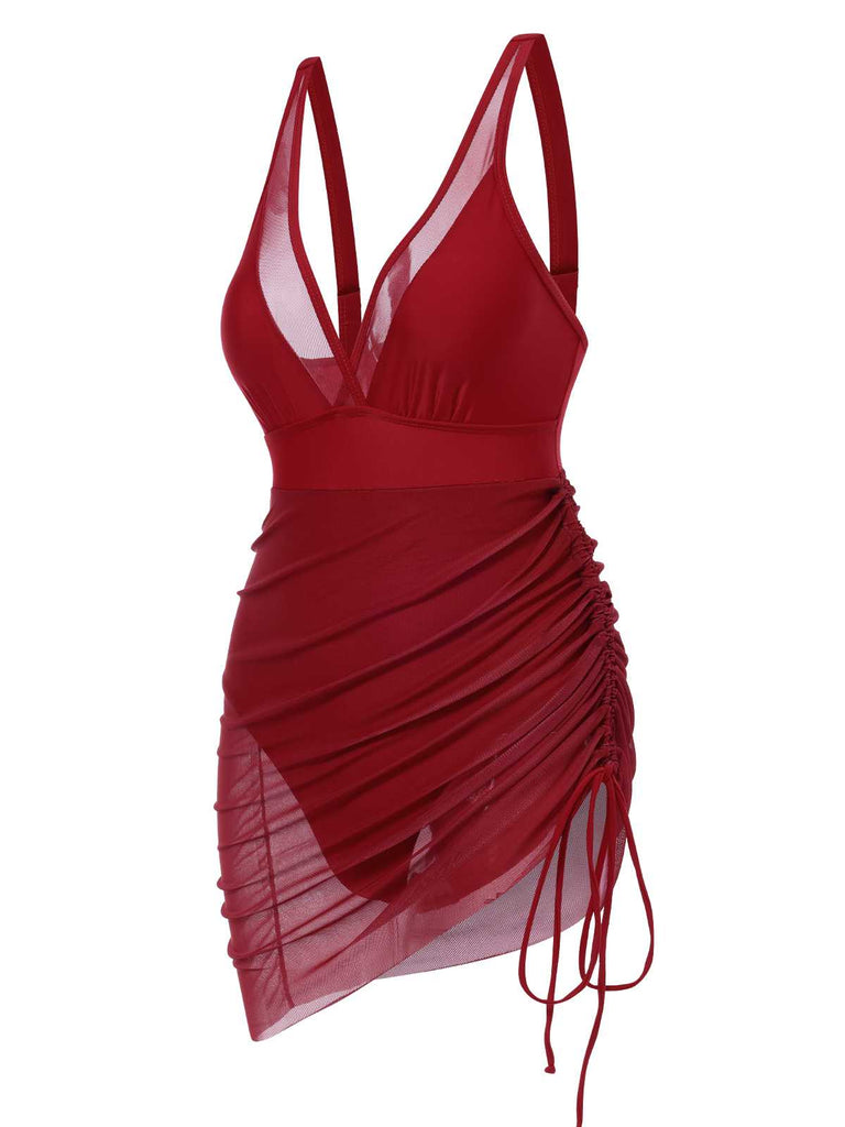 [Prevendita] Costumi intero in rete trasparente con spalline rosso anni '50