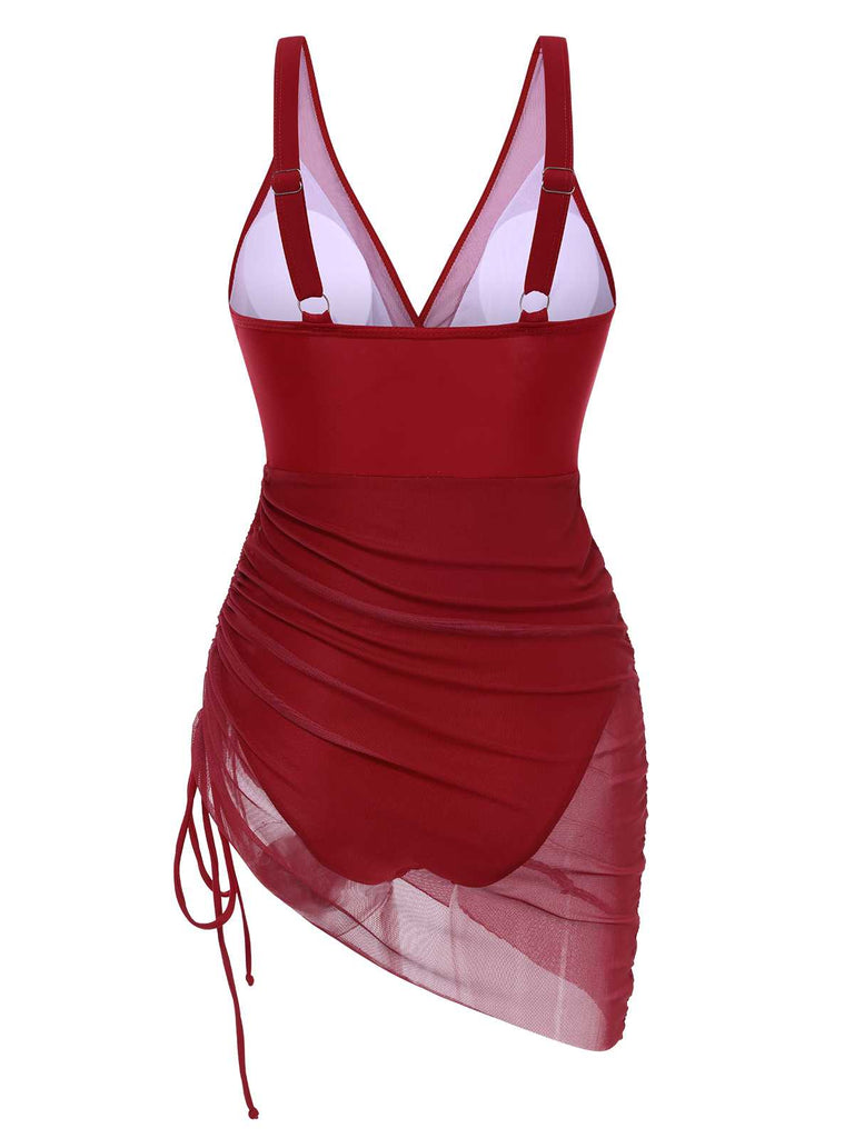 [Prevendita] Costumi intero in rete trasparente con spalline rosso anni '50