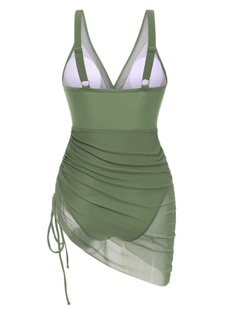 Costumi intero in rete trasparente con spalline verde anni '50