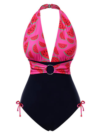 Costumi intero anguria scollo a V profondo rosa anni '60