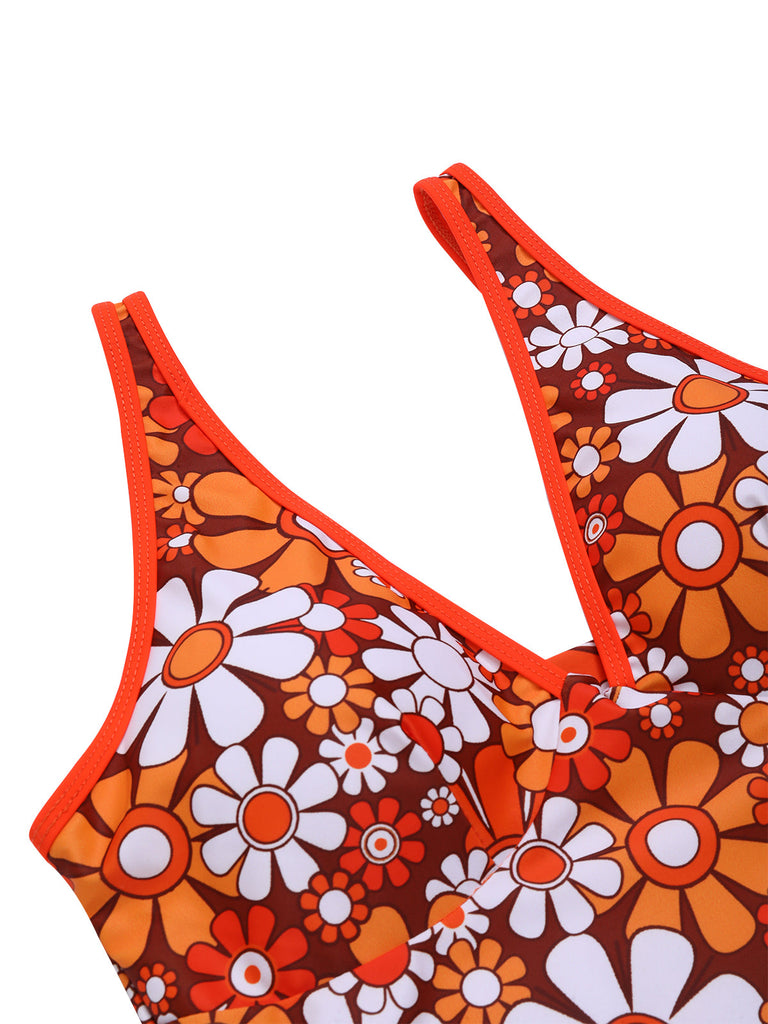 Costumi intero stampa floreale bohémien marrone anni '60